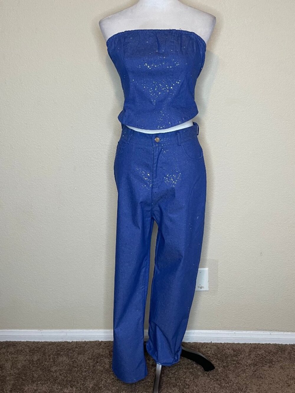 Y2K Sparkle Denim Two Piece Set Glitter Strapless Crop Top Straight Leg Pants S - Picture 2 of 13